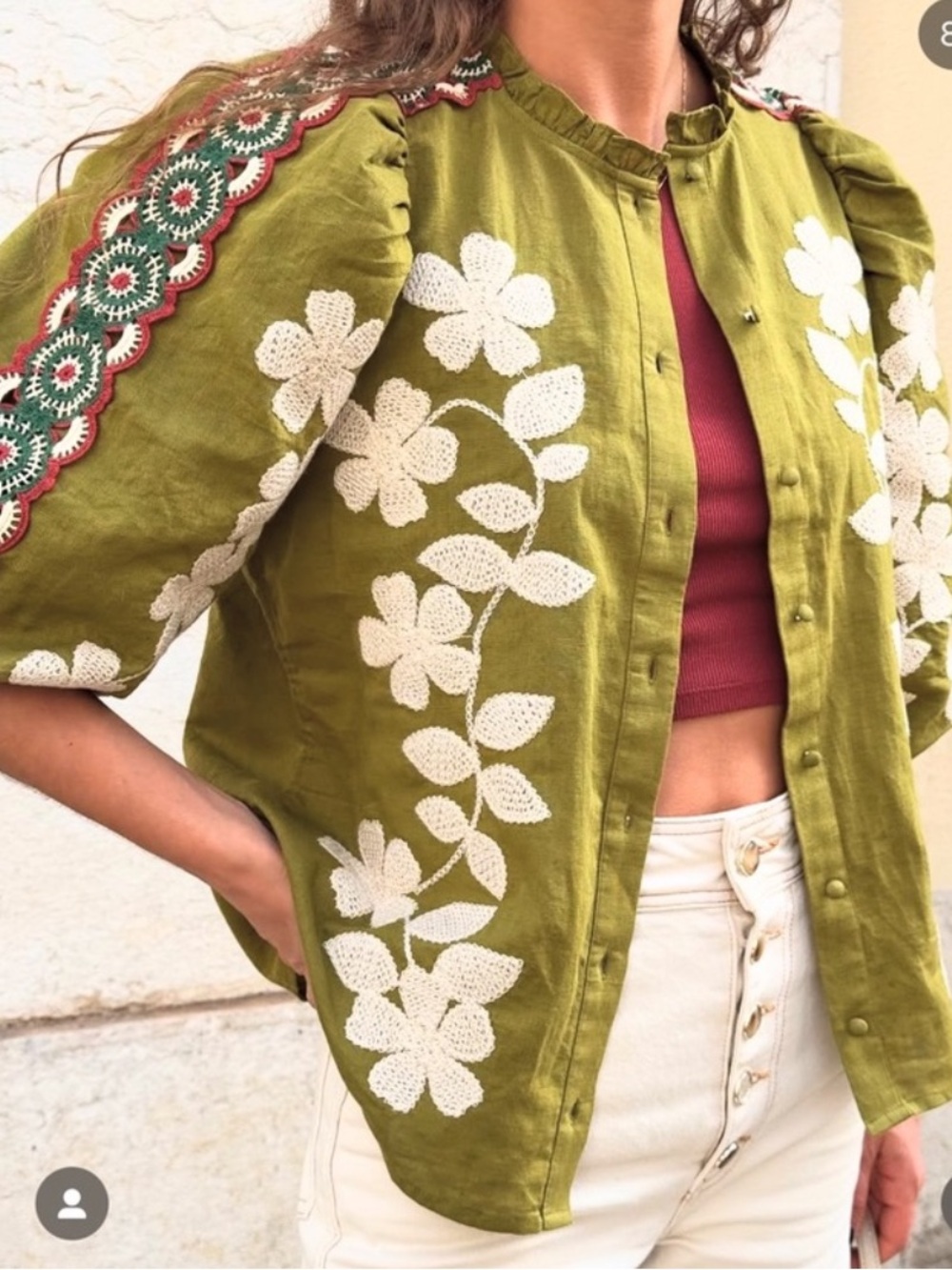 Sezane Anton Blouse Olive Green size 36 (US 4) embroidery and crochet